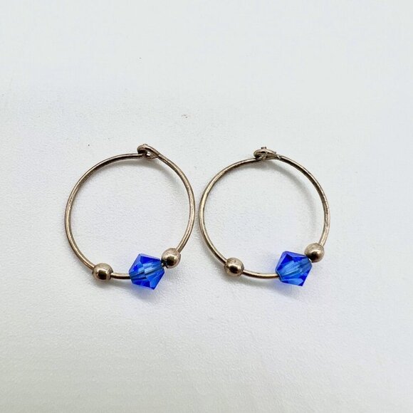 Vintage Silver Tone Hoop Earrings Blue Bead Wire Wrap Boho Gypsy Style Pair - Picture 6 of 9